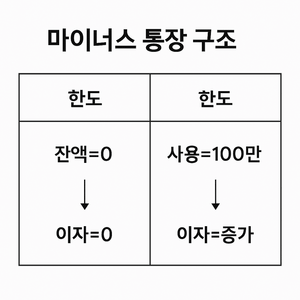 마이너스 통장 구조를 설명하는 인포그래픽 (잔액 0, 사용 100만 원 기준)