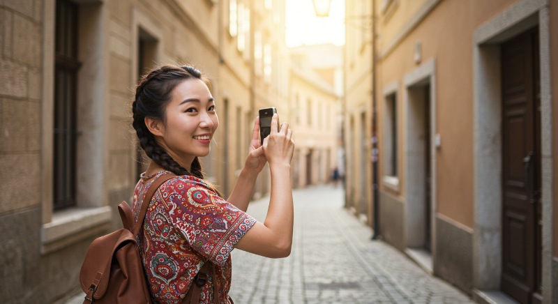 여성 여행자가 유럽의 매력적인 골목길을 걸으며 사진을 찍는 모습으로 도보 여행의 즐거움을 보여준다.