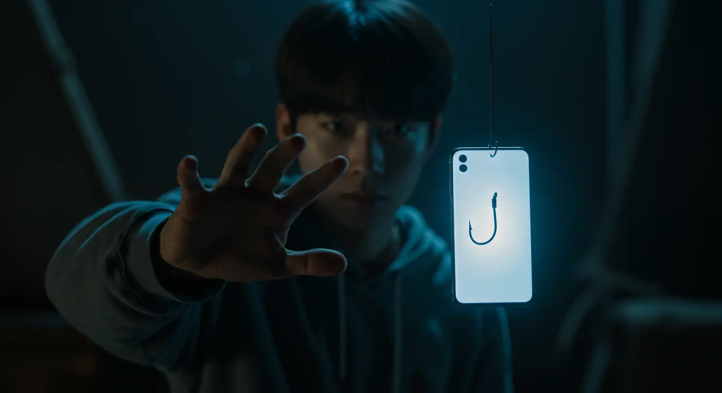 낚싯바늘에 미끼처럼 걸린 최신 스마트폰을 잡으려는, 내구제 대출 사기의 위험성