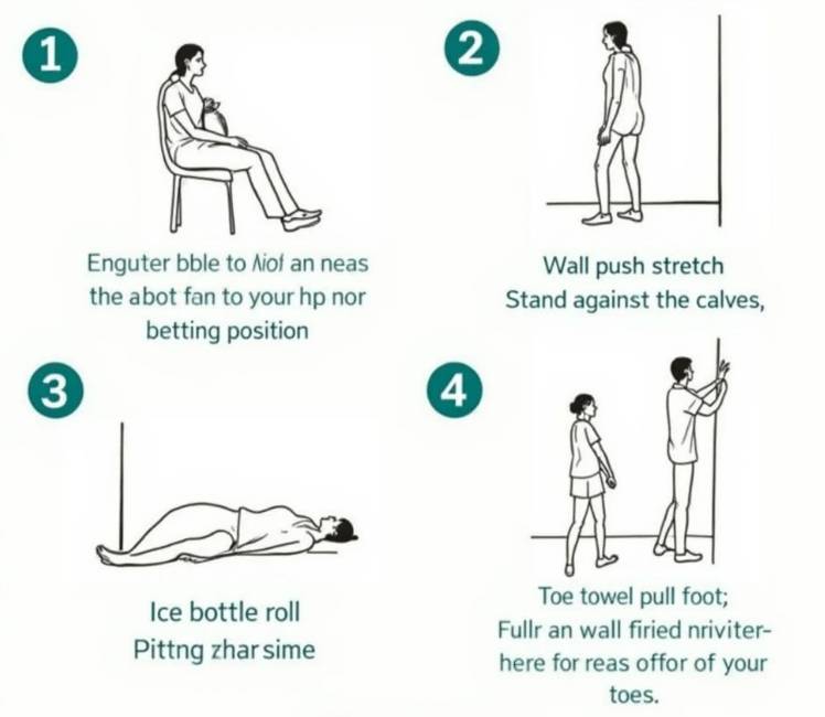 위에서 설명한 4가지 자가 관리 운동을 단계별로 보여주는 일러스트레이션. 각 운동 방법이 명확하게 시각화되어 있습니다.