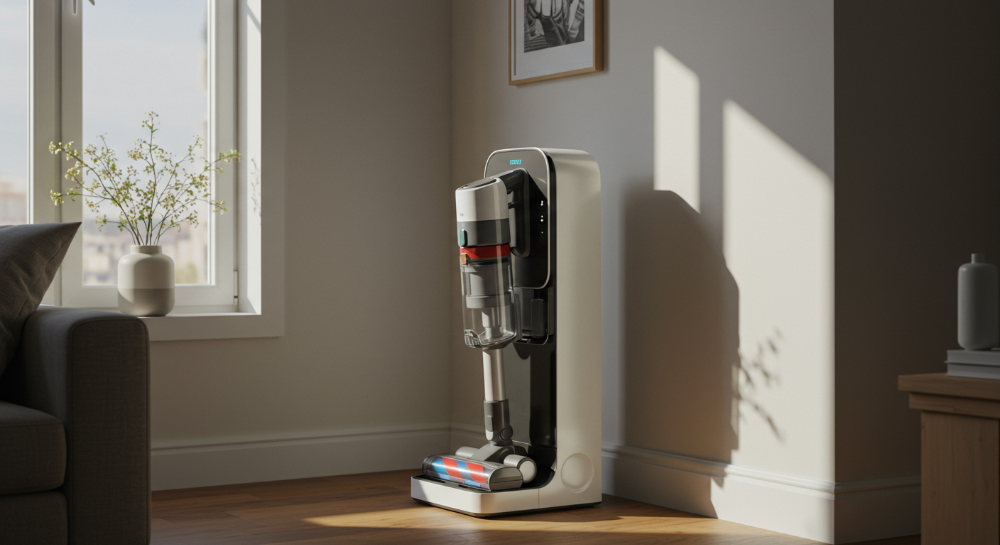 2025년형 먼지 자동비움 스테이션이 설치된 현대적인 거실, 무선청소기가 거치되어 있어 편리하고 깔끔한 청소 환경을 보여줍니다.