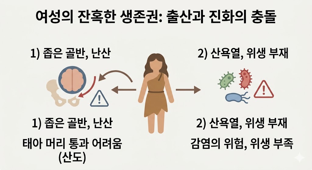 고대 여성의 생존을 위협했던 구조적 요인을 시각화한 플랫 디자인 이미지입니다. 좁은 골반과 큰 태아 머리로 인한 난산의 위험, 그리고 비위생적 환경에 따른 세균 감염과 산욕열의 위협을 중심 인물과 아이콘을 통해 대칭적으로 배치하여 출산의 진퇴양난을 단순하고 명확하게 설명합니다.