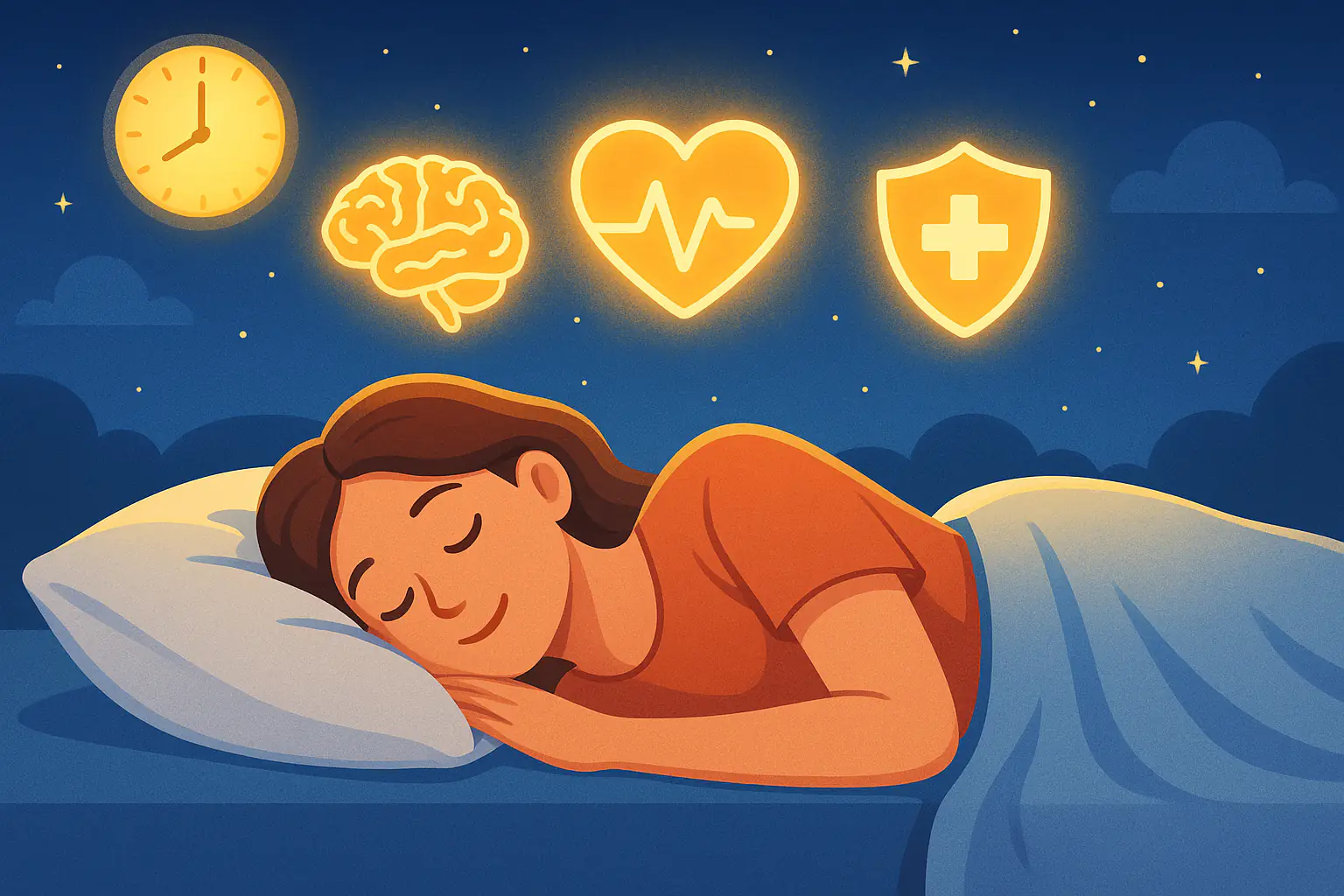 자정 이전에 숙면하는 사람 위에 뇌&middot;심장&middot;면역 아이콘이 안정적으로 빛나는 모습