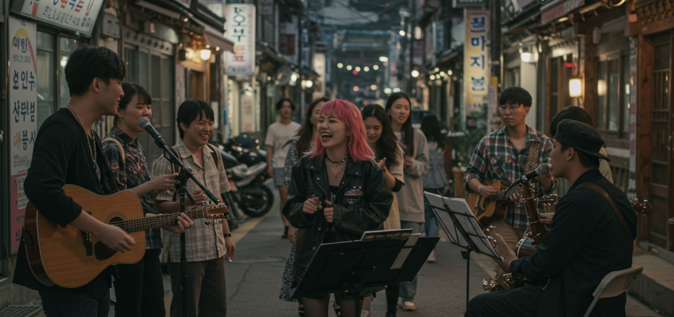 젊은 사람들이 길거리 공연을 보는 이미지