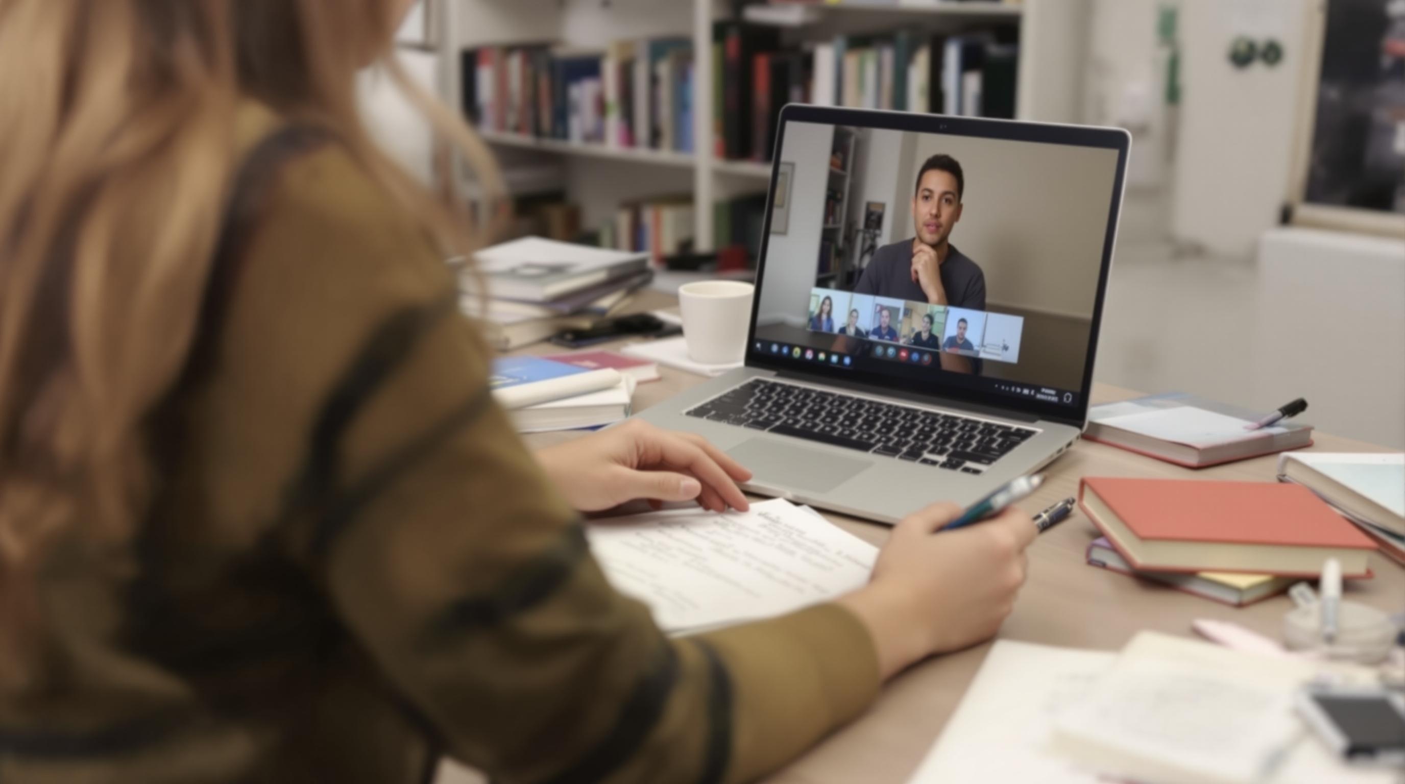 여자가 노트북으로 온라인 강의를 듣고 있는 모습