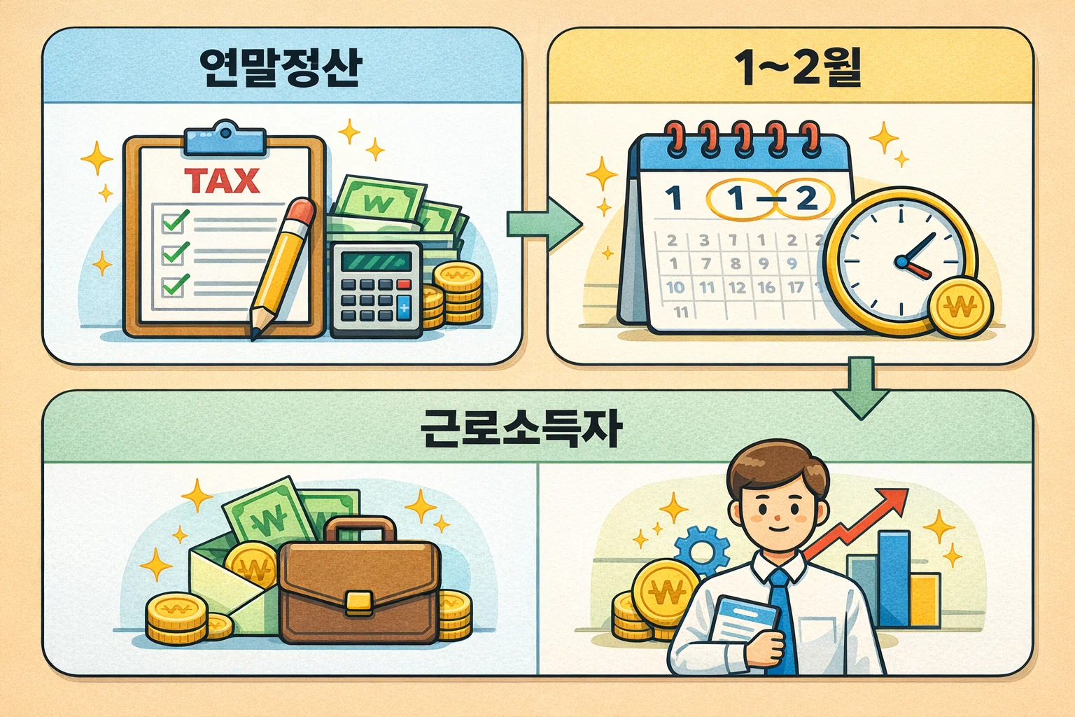 근로소득자가 연말정산을 통해 월세 환급을 신청할 수 있는 기간이 1월에서 2월 사이임을 일정 흐름으로 설명한 이미지입니다