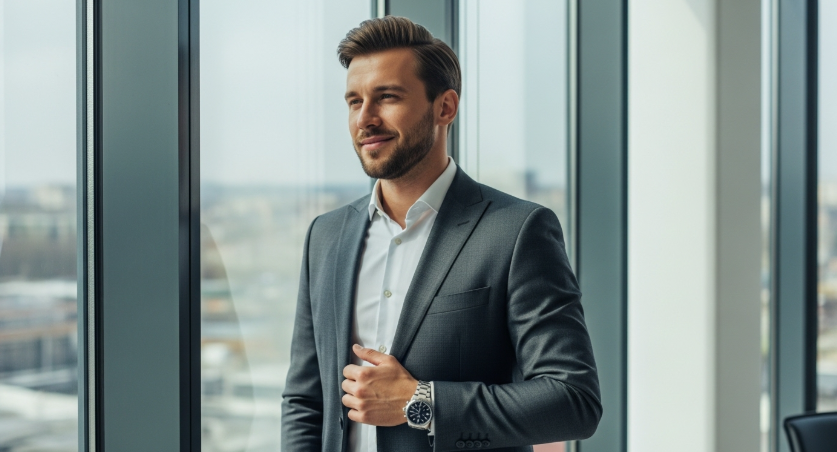 A confident 35-year-old man in a charcoal gray business suit