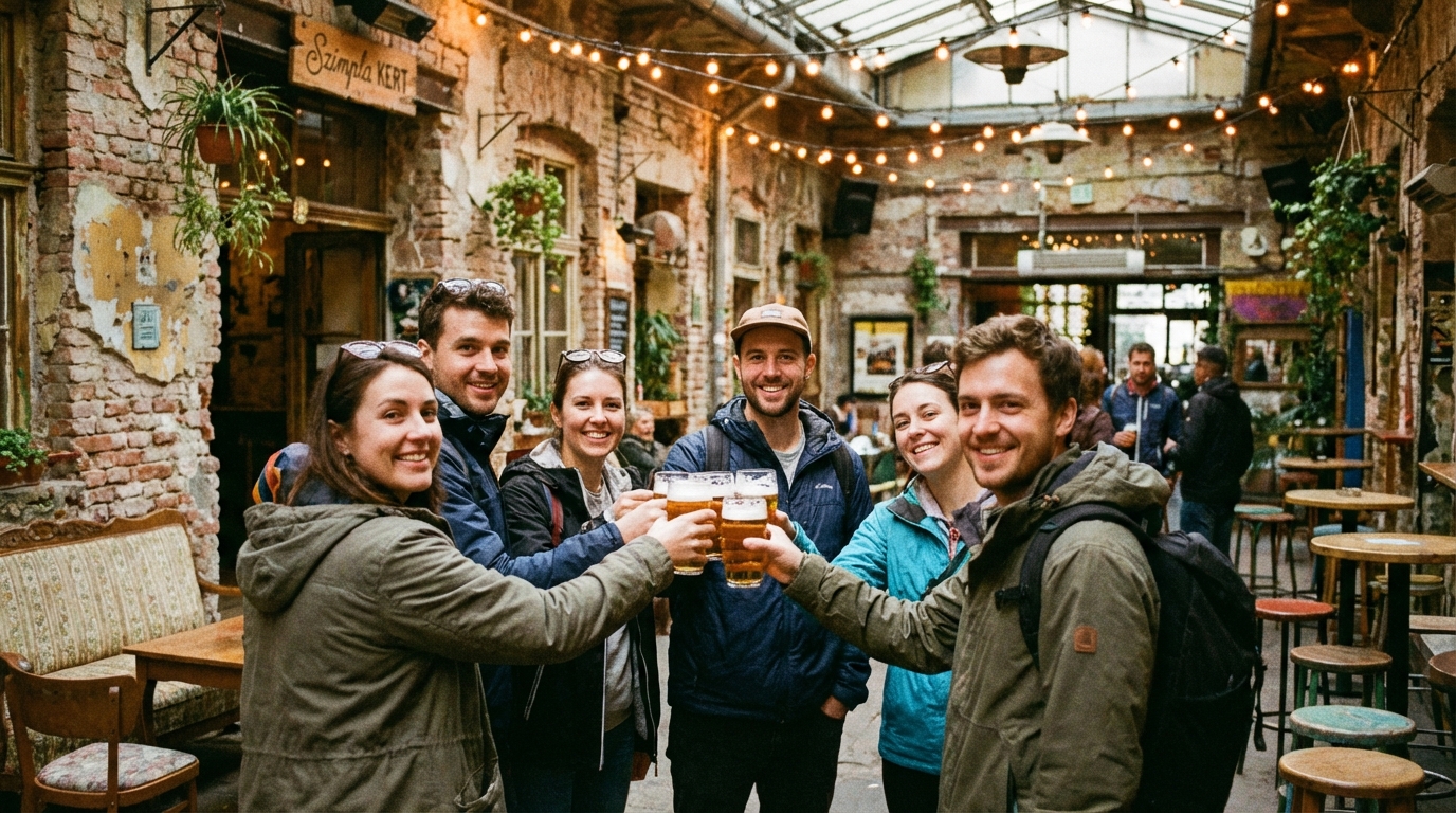 부다페스트 루인바에서 생맥주 잔을 들고 건배하는 여행자들