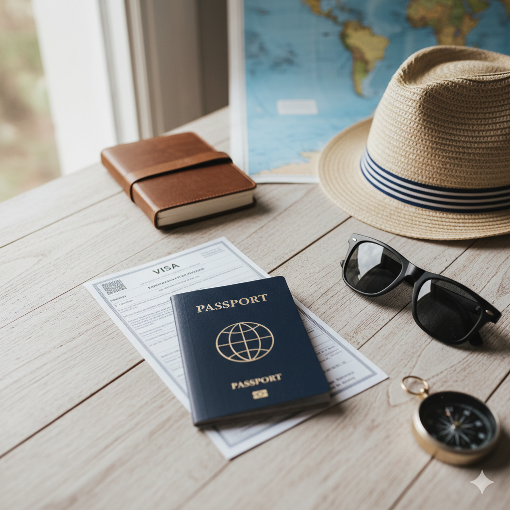 테이블위에 여권과 비자 서류, 모자,선글라스, 휴대폰, 세계지도