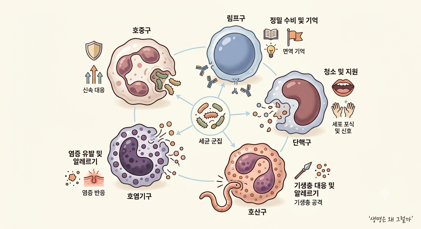 우리 몸을 지키는 백혈구는 모두 같은 일을 하지 않습니다. 여러 종류의 백혈구가 각자의 역할을 나누어 맡으면서 복잡한 방어 시스템을 만들어 갑니다.