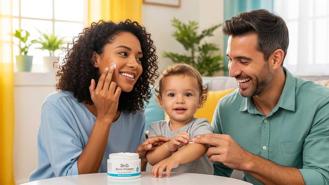 다양한 가족(어머니, 아버지, 아이)이 행복하게 닥터지 배리어 D 인텐스 크림을 얼굴과 건조한 부위에 바르고 모두 웃고 건강해 보입니다.