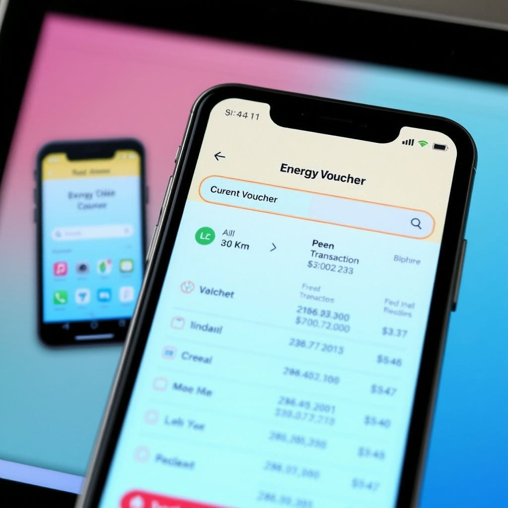 스마트폰이나 컴퓨터 화면에 에너지바우처 잔액 및 이용 내역이 표시된 모습을 보여줍니다. 정보 확인이 간편하다는 점을 나타내기 위해 사용자 인터페이스(UI) 요소를 활용합니다.