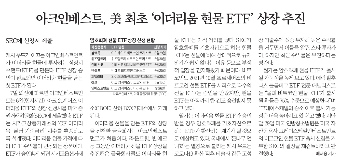 아크인베스트, 미 최초 이더리움 현물ETF 상장추진