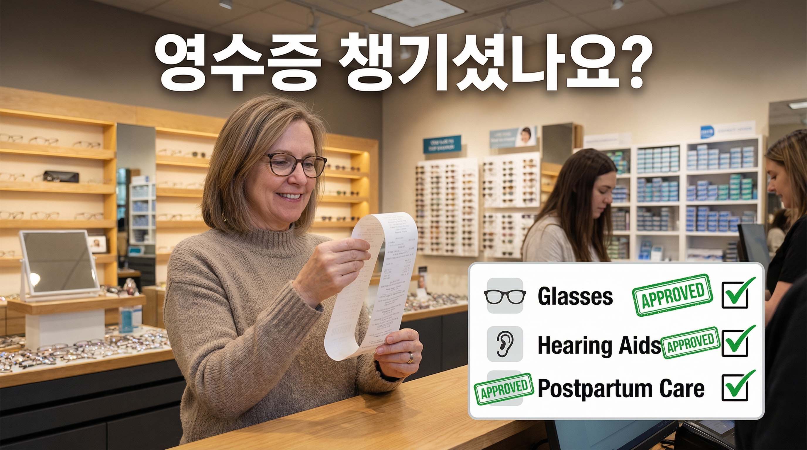 안경 구매 영수증을 보면서 만족하는 사진