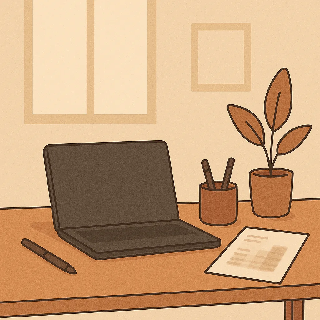 노트북과 펜꽂이가 있는 미니멀한 홈오피스 책상