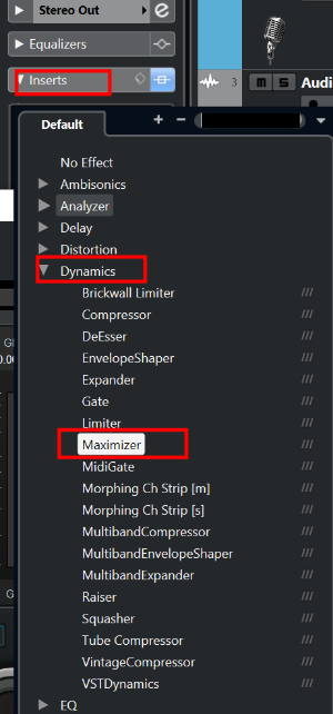 스테레오 아웃 채널에 Insert - Maximizer