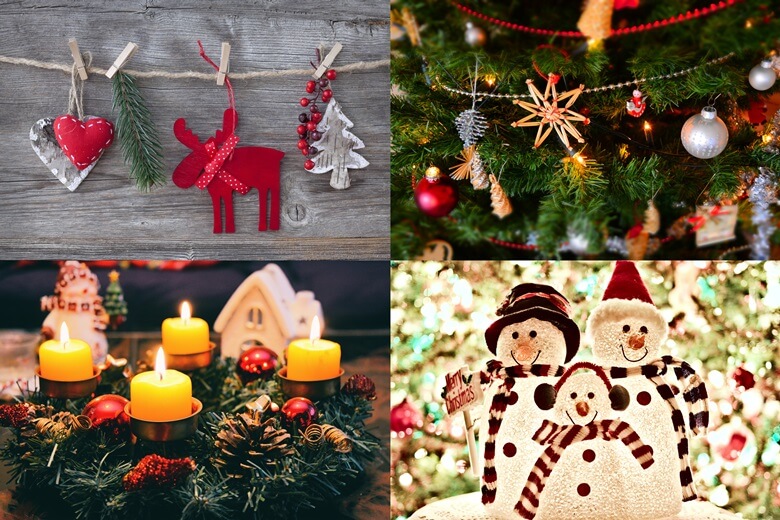 상단 좌측부터 빨간색 하트모양, 빨간색 사슴, 흰색트리 모양의 색종이를 오려서 벽에 가로로 줄을 매달고 그 줄에 나무집게로 매달아 놓은 사진과 크리스마스 트리에 여러가지 장식을 한 사진이며 하단 좌측부터 크리스마스 트리 가지를 둥글게 여러개 모아놓고 그위에 노란색 양초 4개가 피워져 있고 그 주변에 솔방울과 여러가지 장식이 놓여있는 사진과 빨간색 털모자를 쓰고 목도리를 한 엄마, 아빠, 아이의 눈사람 모양의 인형