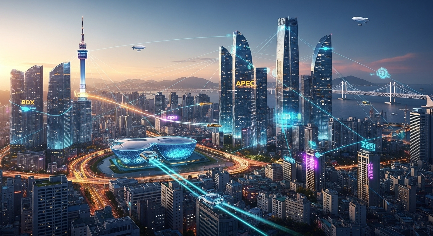 Futuristic city image connecting Busan landmarks with digital nodes, evoking the BDX logo style.
