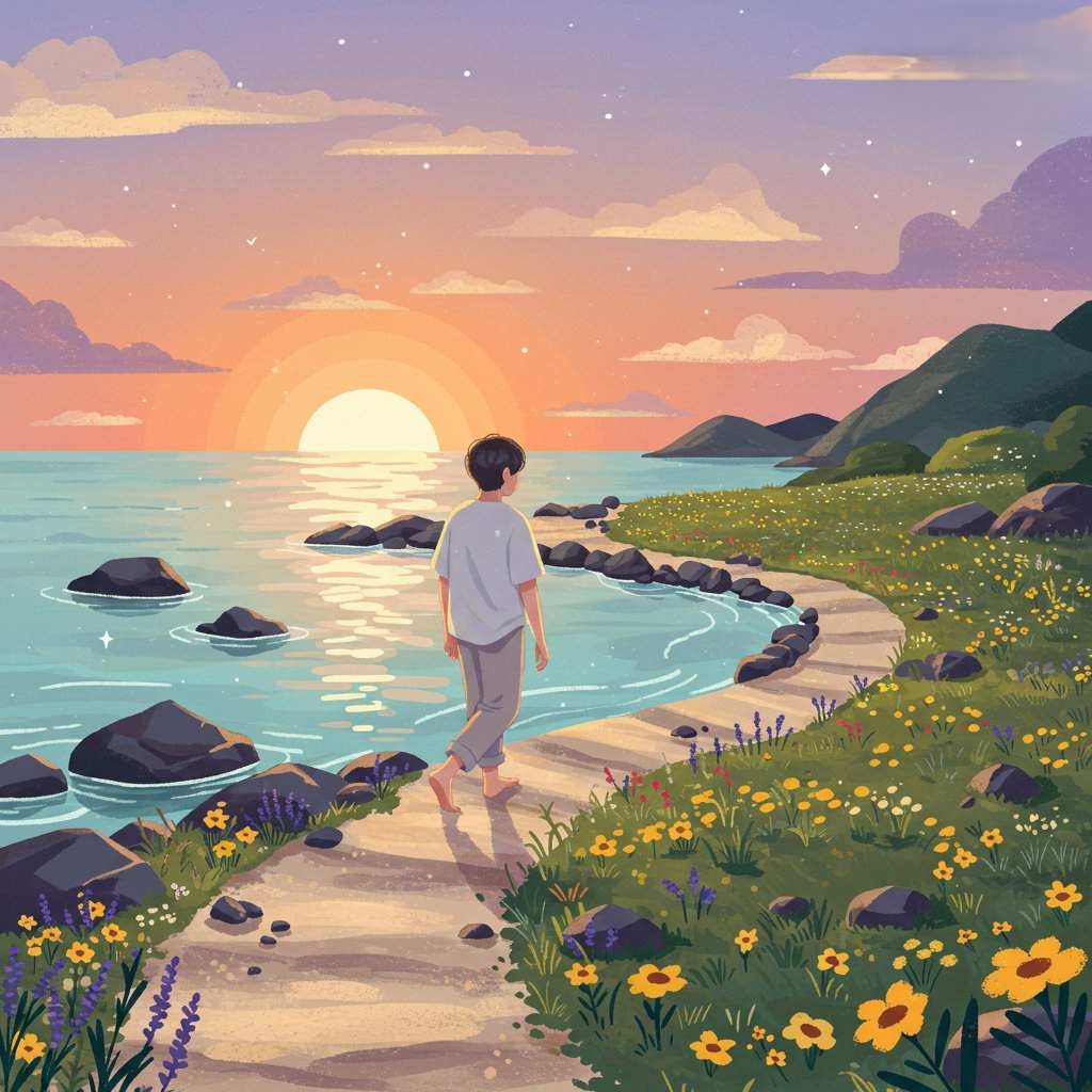 서울 근교 혼행지 추천 무의도 바닷길 위를 맨발로 걷는 사람의 평면 스타일 일러스트, 해질 무렵의 감성적인 섬 여행 분위기