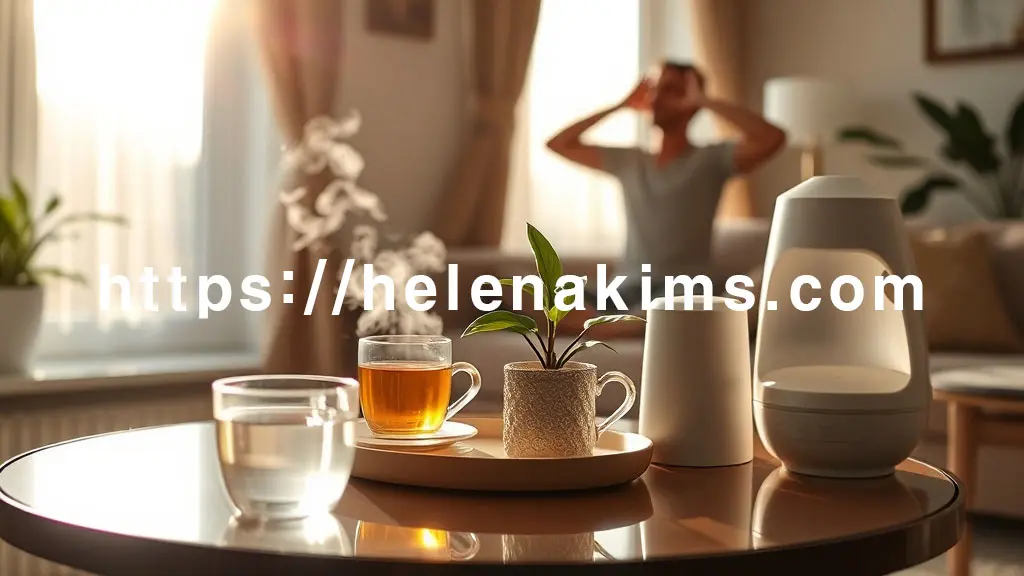 따뜻하고 평온한 일상 공간. 창가에서 은은한 햇살이 비치고, 건강한 숨결을 상징하는 깨끗한 공기가 느껴진다. 테이블 위에는 김이 모락모락 나는 따뜻한 차 한 잔과 신선한 물이 담긴 유리컵, 그리고 작은 공기정화 식물이 조화롭게 놓여 있다.