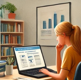 여자가 책상에 놓인 노트북화면을 보며 생각하는 모습