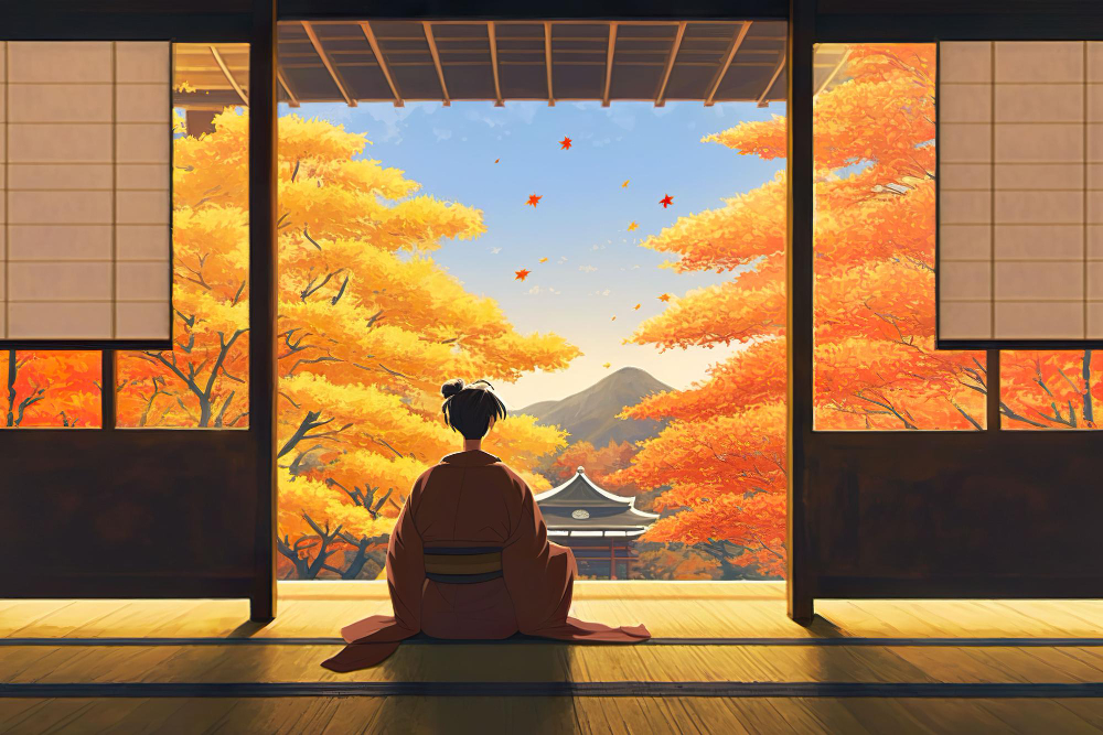 과거 일본저택에 기모노를 입고 앉아있는 사람