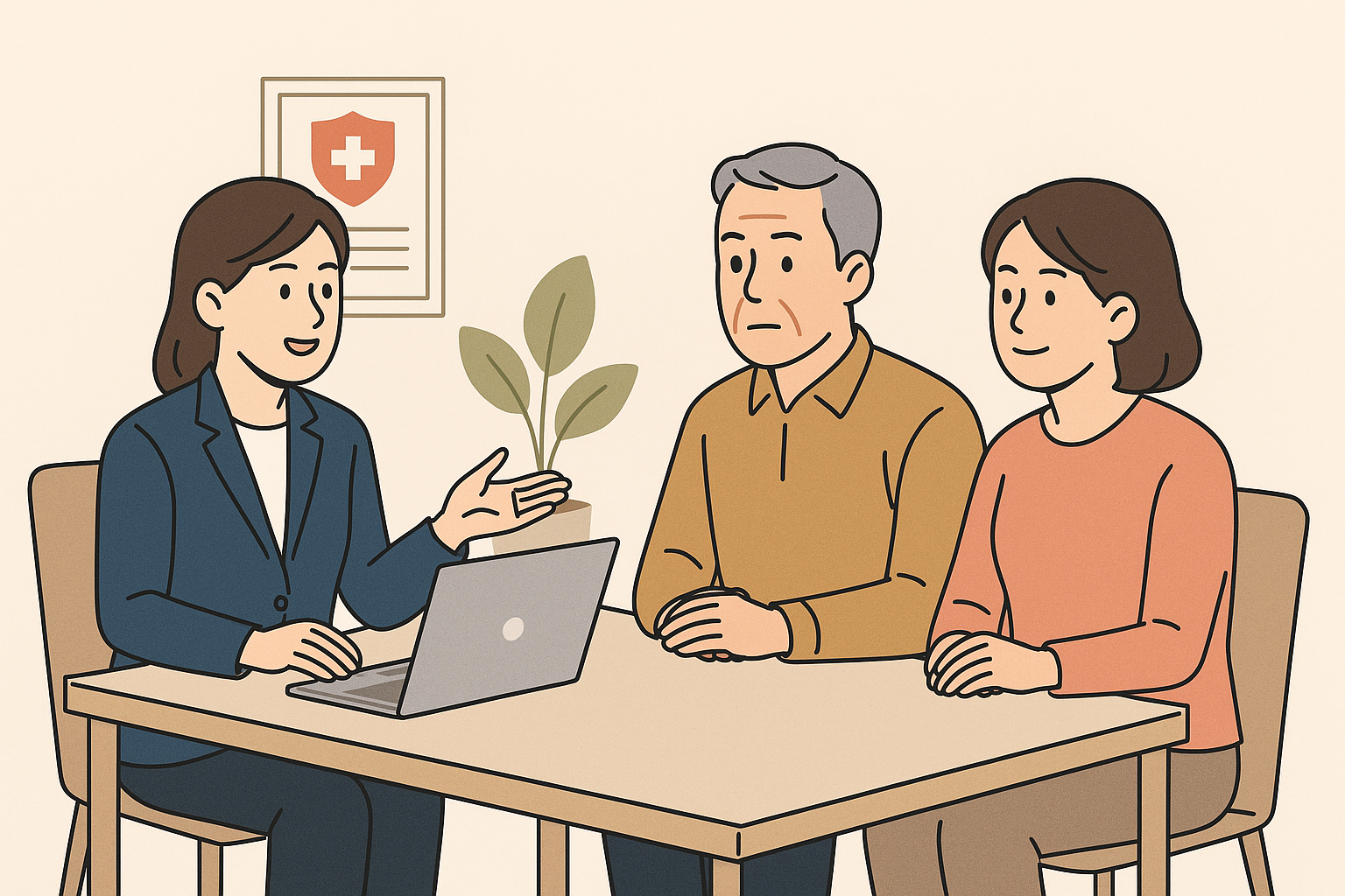 중년 부부가 보험 상담사와 마주 앉아 암보험 가입 전 상담을 받고 있는 장면을 묘사한 2D 일러스트. 50대 이상 가입자를 위한 정보성 콘텐츠와 잘 어울리는 따뜻한 분위기의 시각 자료.