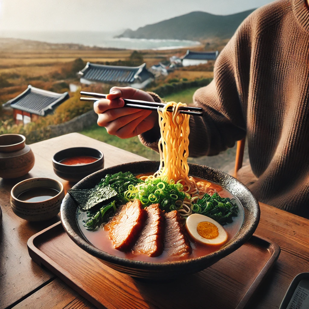 제주도에서 유명한 올레국수를 먹고 있는 사진