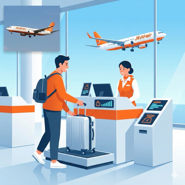 공항 체크인 카운터에서 위탁 수하물 무게를 확인하며 여행을 준비하는 승객의 모습