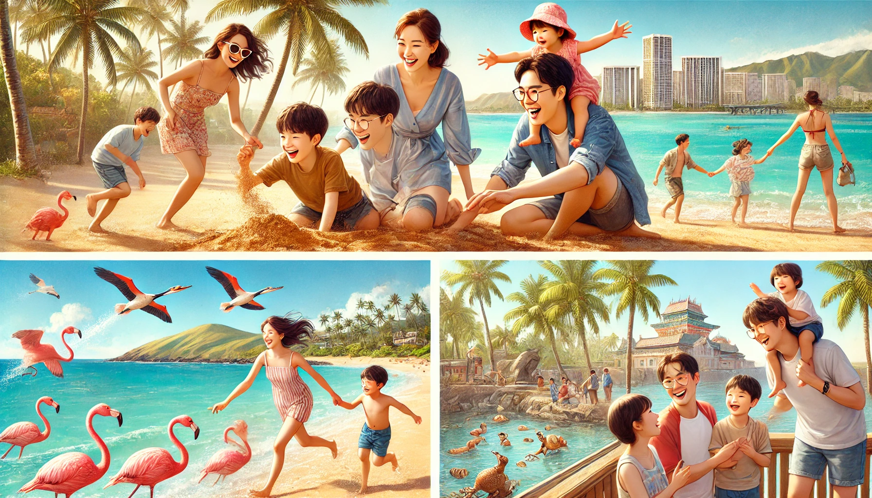 아이들과 부모가 함께 하와이 해변에서 뛰놀거나 동물원에서 즐거운 시간을 보내는 모습