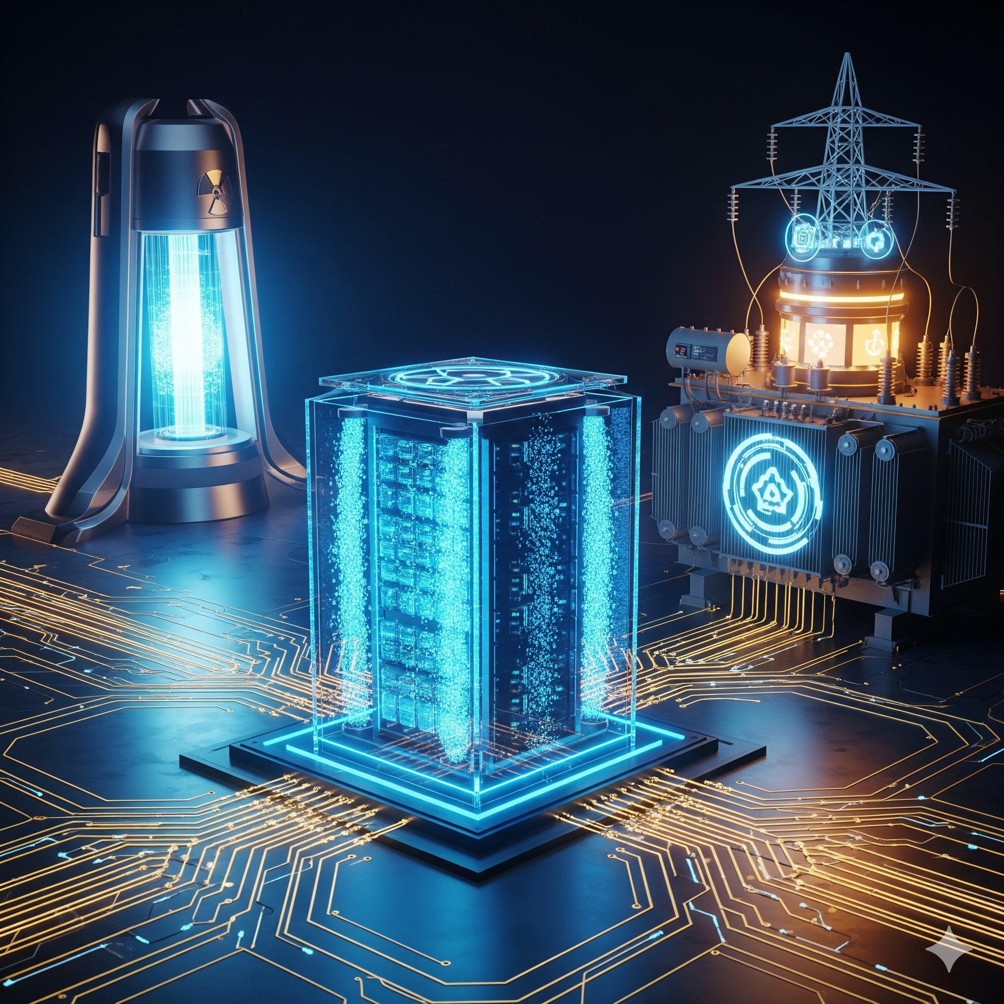 AI 시대를 지탱하는 3대 핵심 인프라: 액체냉각, 변압기 전력망, 원자력 에너지를 시각화한 하이테크 3D 렌더링