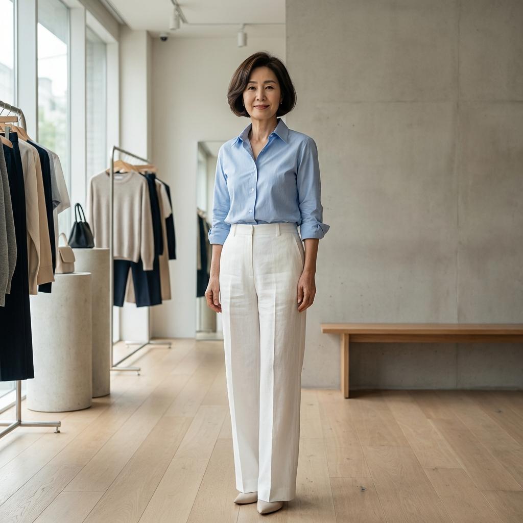 화이트 팬츠와 블루 셔츠: 60대 여성을 위한 가장 우아한 배색