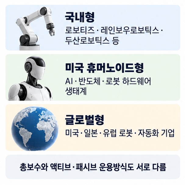 국내 로봇 ETF와 미국 휴머노이드 ETF 글로벌 로보틱스 ETF의 국가 구성 종목 보수 운용방식 차이를 설명한 이미지