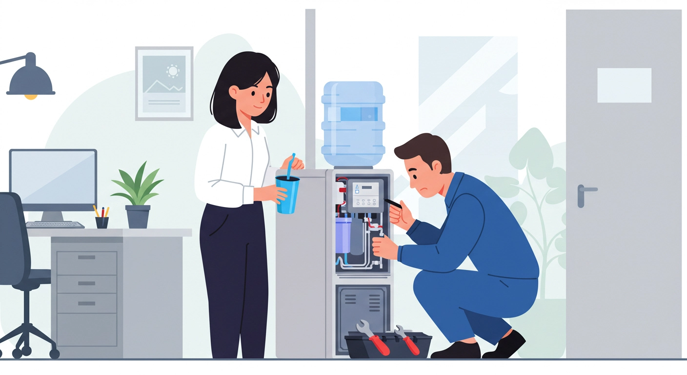 정수기 앞에서 물을 따라 마시려는 직장인과 점검 중인 기술자