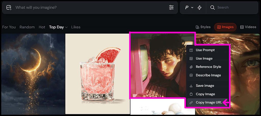 미드저니 Style Explorer, 이미지 URL을 검색창에 붙여넣어 유사한 스타일을 찾는 UI 이미지_Midjourney