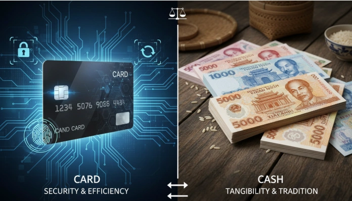 베트남 카드와 현금의 장단점을 시각적으로 비교한 이미지. 한쪽에는 트래블카드가, 다른 한쪽에는 베트남 동 지폐가 놓여 있습니다.