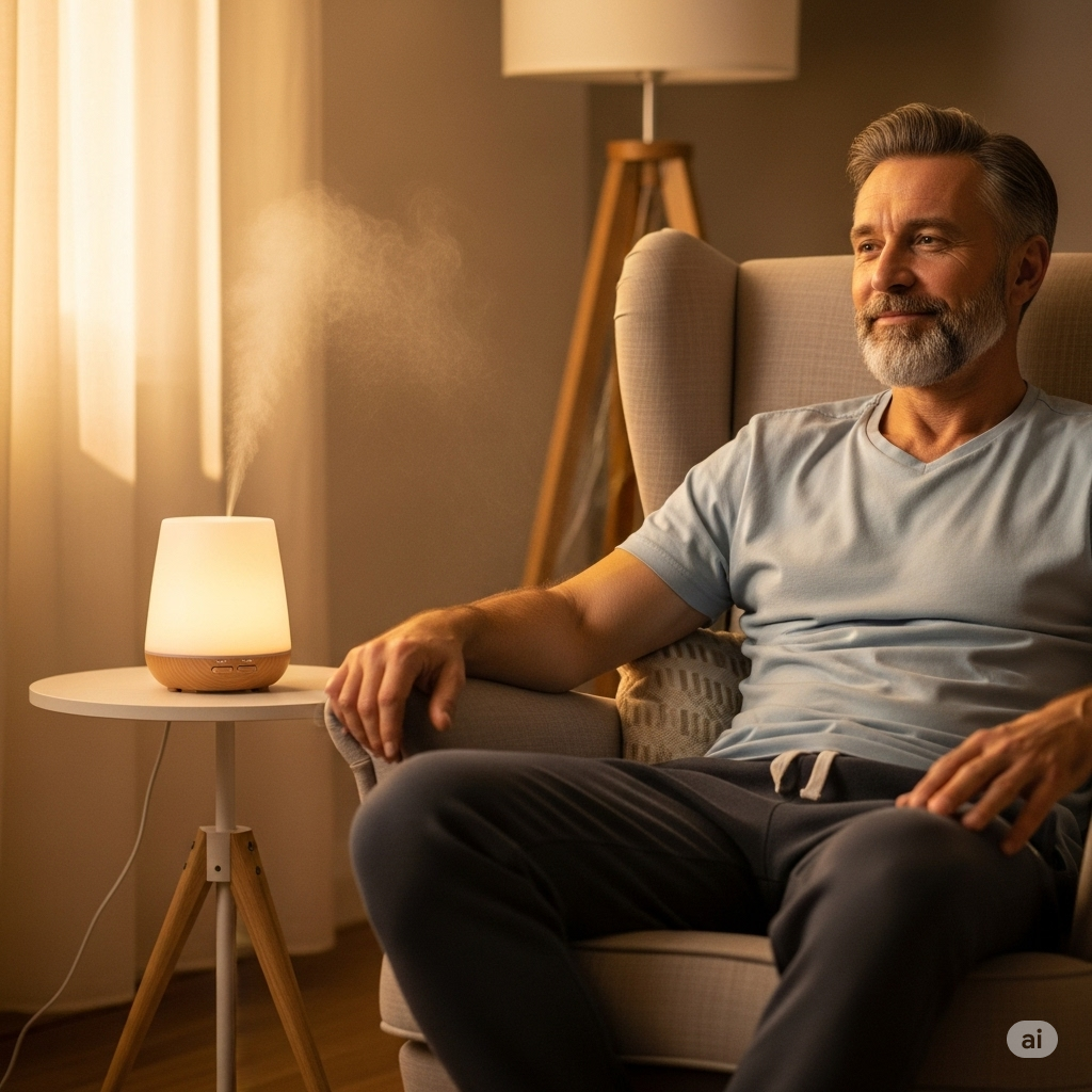 편안하게 아로마 디퓨저를 사용하는 중년 남성