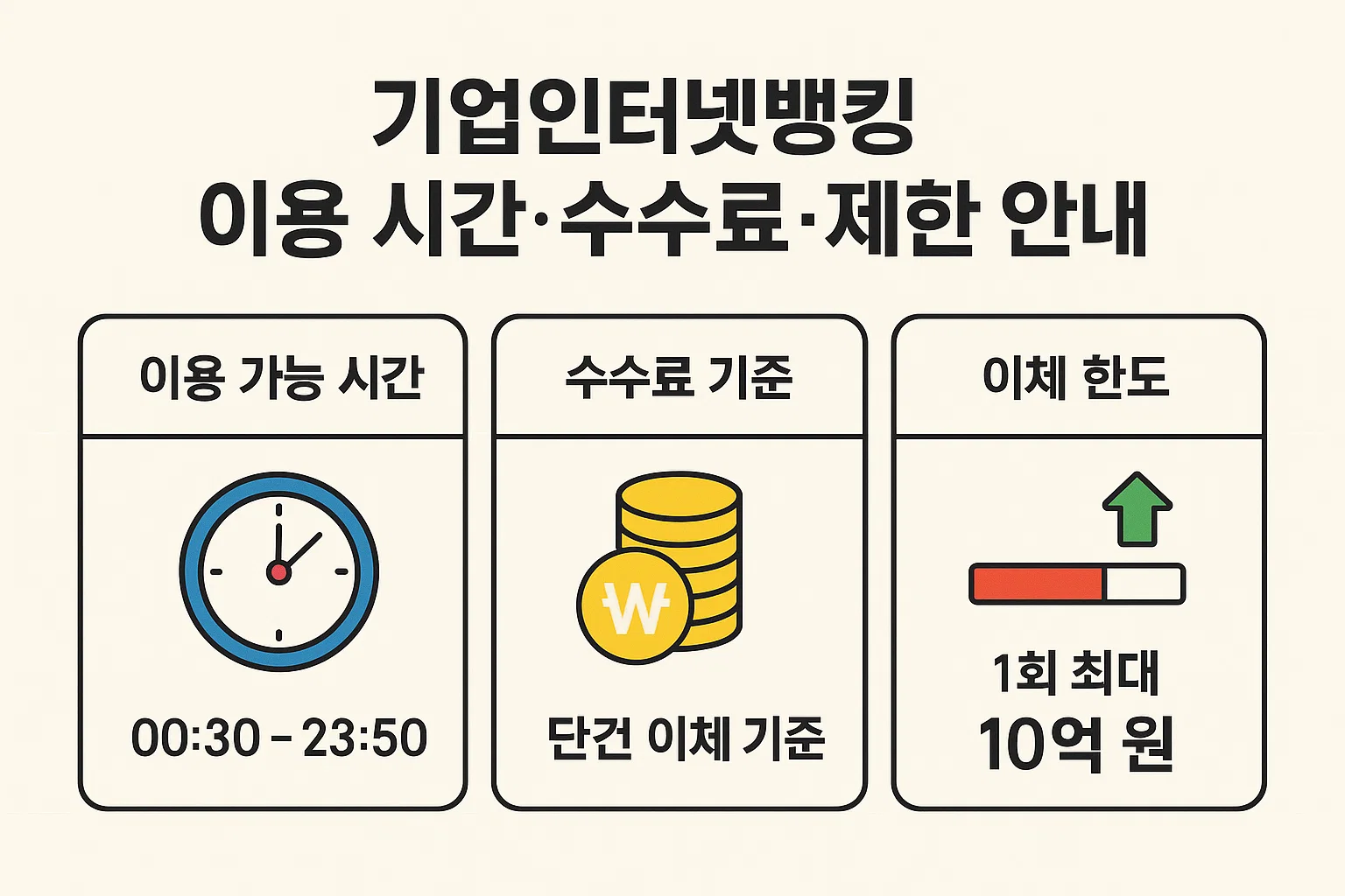 기업인터넷뱅킹 이용시간 수수료안내 인포그래픽은 이용 가능 시간(00:30~23:50), 단건 이체 수수료 기준, 1회 최대 이체 한도 10억 원 등 기업 사용자에게 필요한 이용 정보를 요약한 이미지입니다.