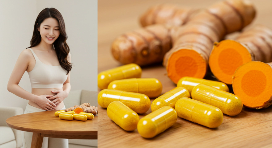 배를 잡고 있는 여성과 커큐민 영양제