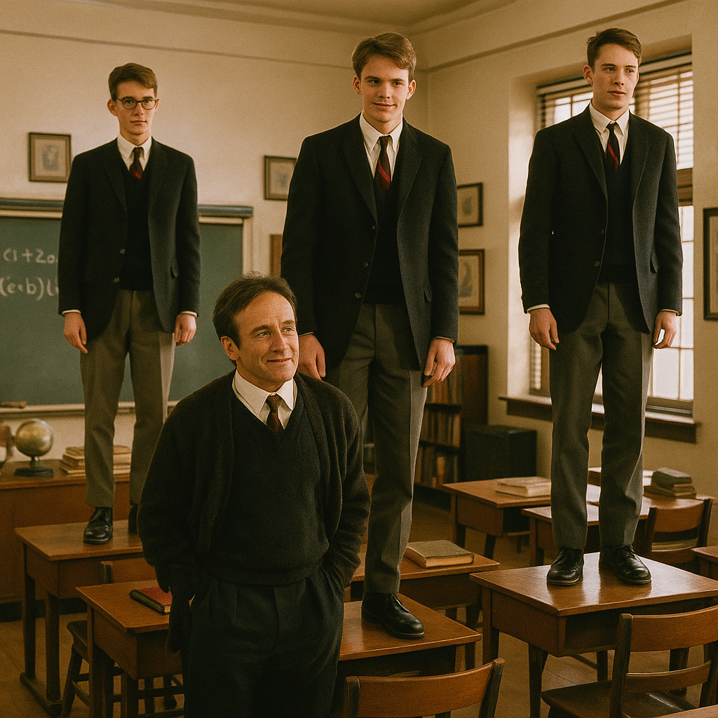 영화 죽은 시인의 사회 키팅 선생이 교실을 떠나는 순간 학생들이 책상 위에 올라가 마지막 인사를 하는 장면