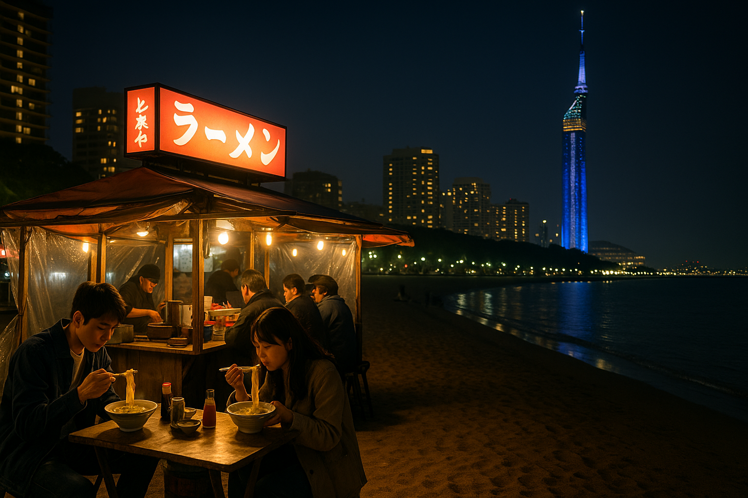 해변가 야타이에서 뜨거운 라멘을 즐기는 사람들과 반짝이는 후쿠오카 타워 야경이 어우러진 풍경