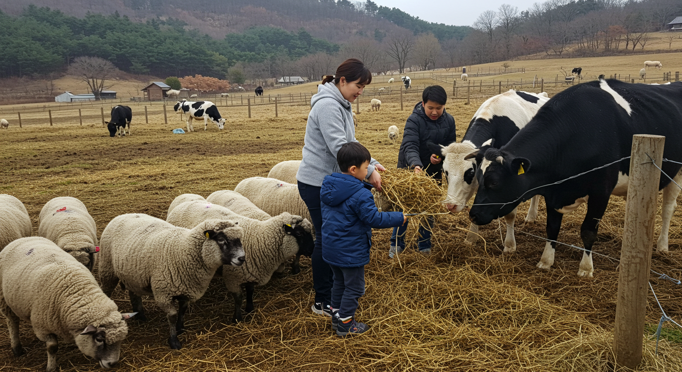 대관령 목장에서 어린이가 양에게 건초를 주고 가족이 소와 교감하는 모습