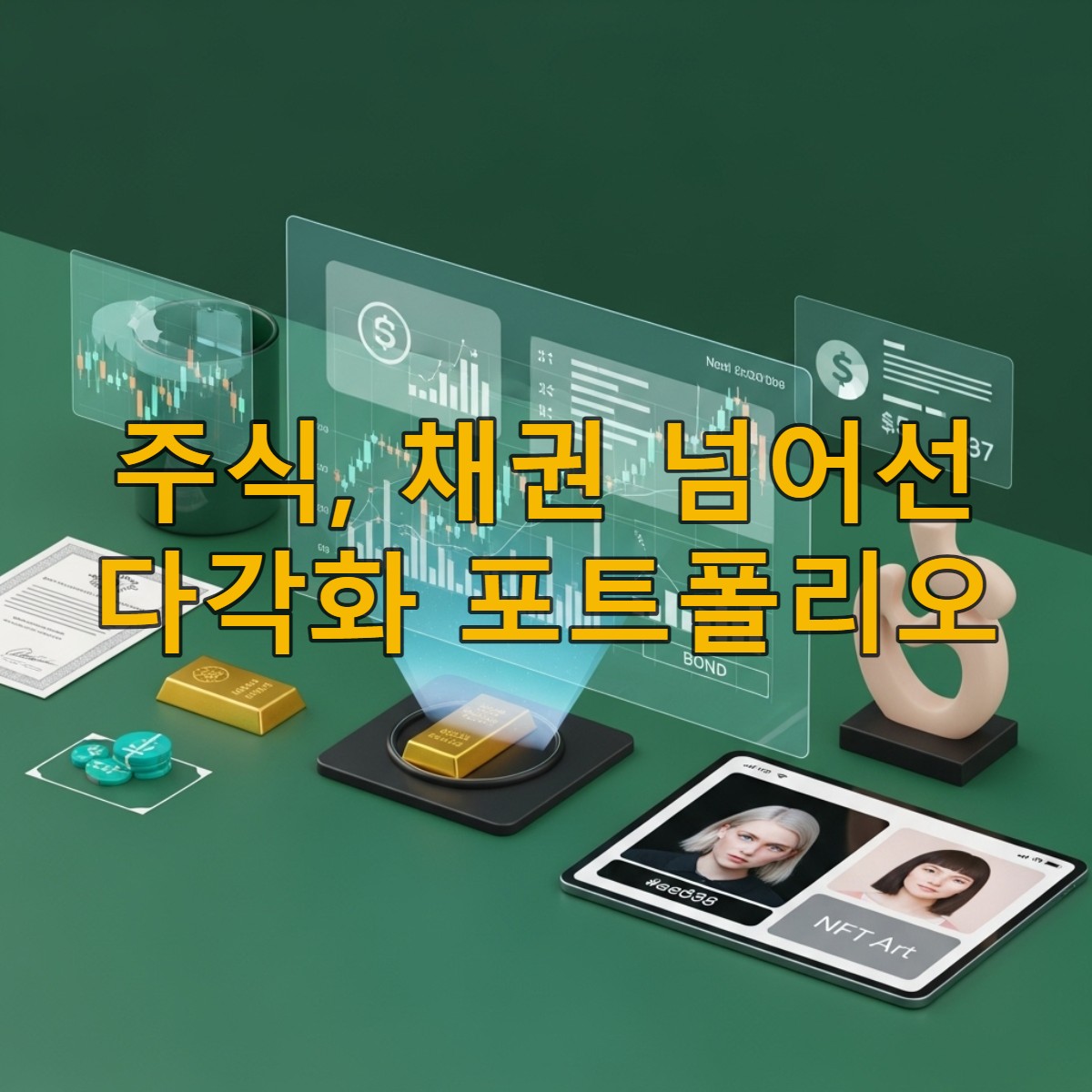 2025년 투자자가 주식, 채권 외 금괴, 예술품, 디지털 자산 등 다양한 실물 및 대체 자산을 holographic 스크린으로 검토하며 다각화된 포트폴리오를 관리하는 모습.