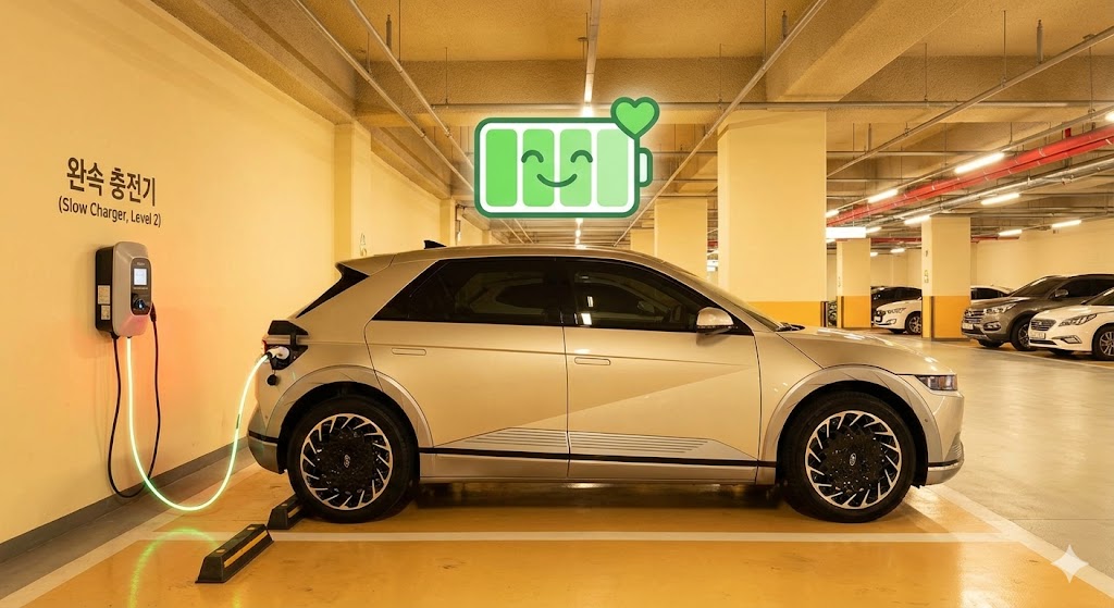 지하 주차장에서 완속 충전기를 꽂고 편안하게 쉬고 있는 전기차 일러스트