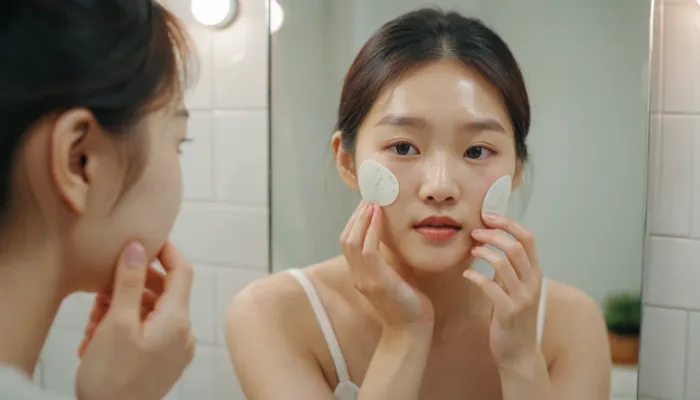 화장실 거울 앞에서 패치를 붙이며 피부 관리를 하는 여성