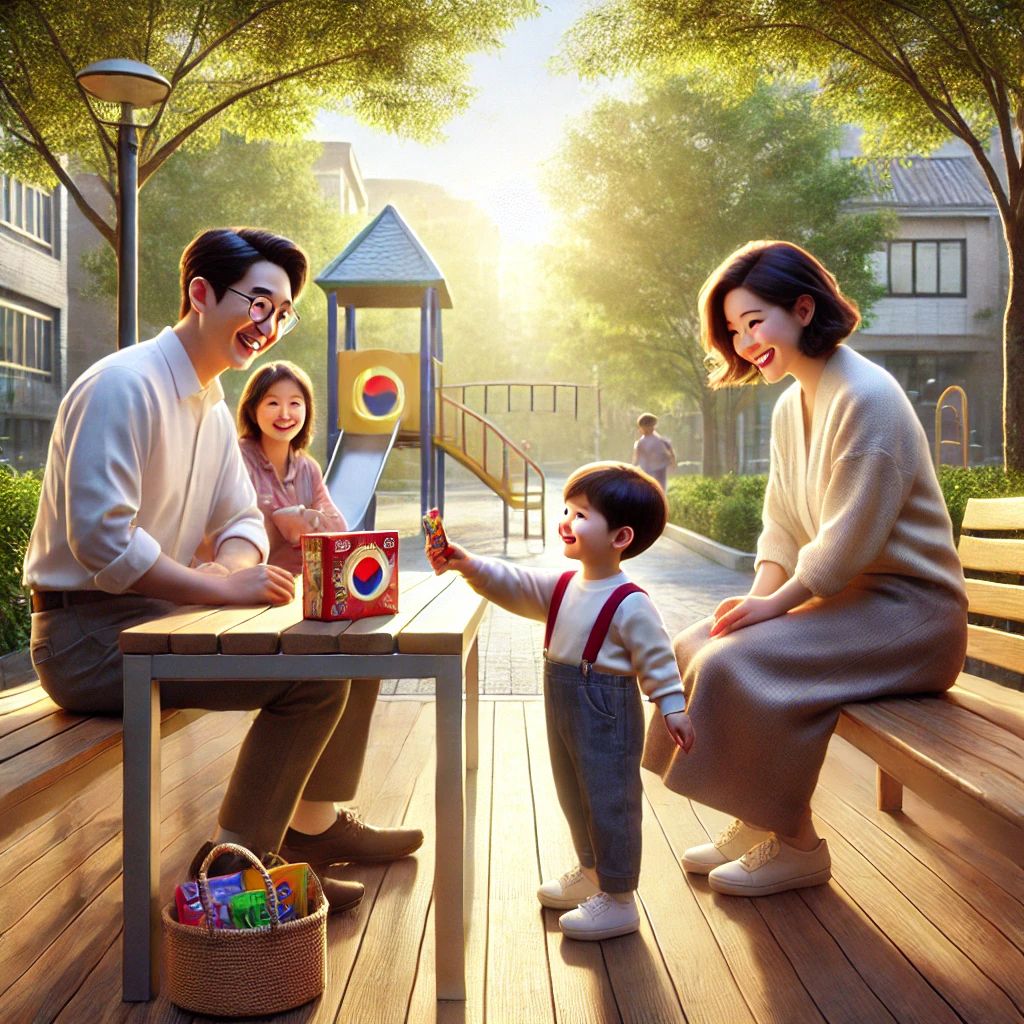 친절의 마법이 시작되는 따뜻한 순간을 사실적으로 묘사하고 있습니다. 아이가 친구에게 다정하게 행동하는 모습이 자연스럽게 담겨 있으며, 부모는 자랑스러운 표정으로 지켜보고 있습니다.