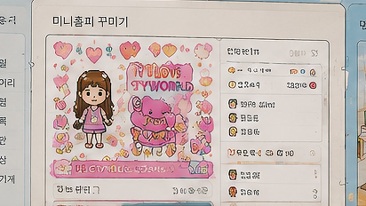 분홍색 미니미와 하트 장식으로 꾸며진 싸이월드 미니홈피 재현 화면