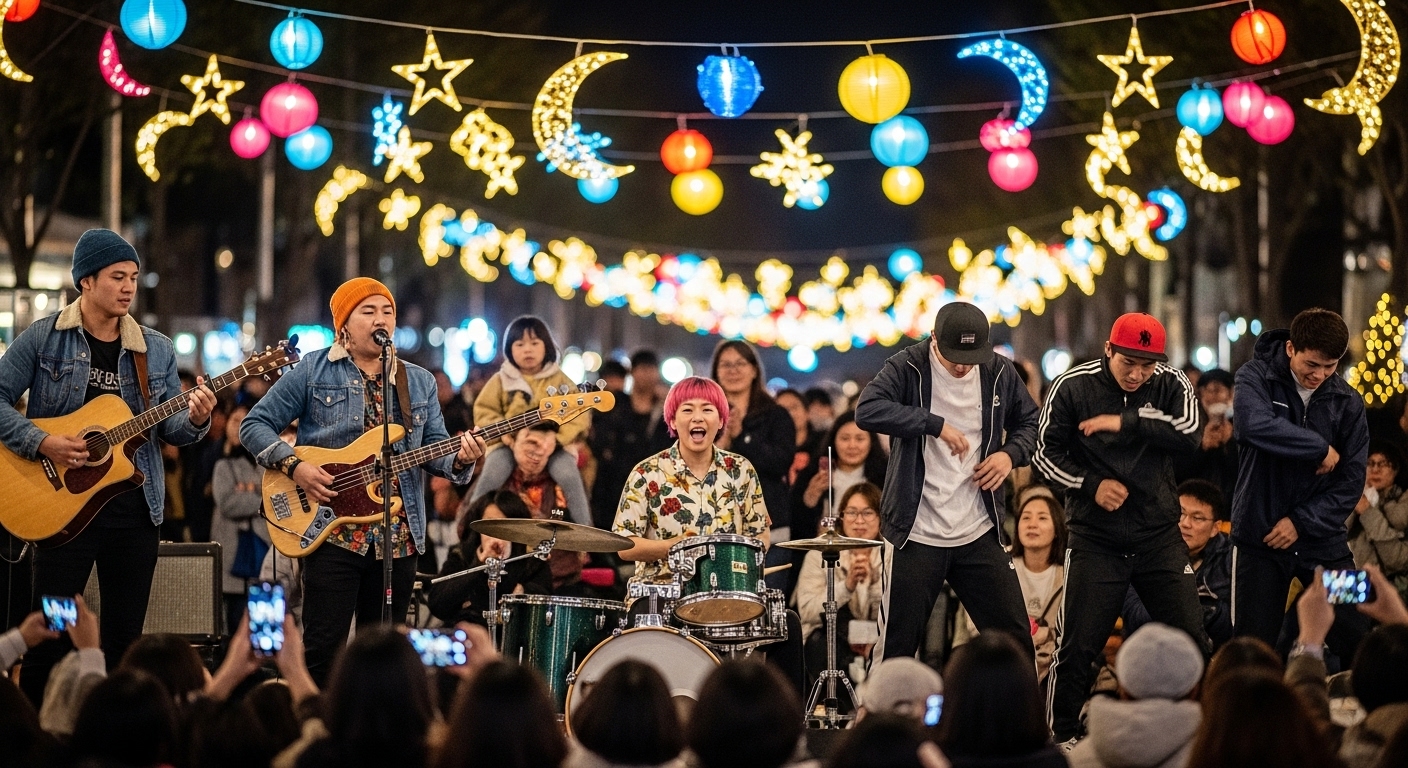 인천 남동 빛의 거리 축제에서 젊은 인디 밴드와 힙합 크루가 화려한 조명 아래서 버스킹 공연을 펼치고 있으며, 관객들이 즐겁게 공연을 관람하는 모습.
