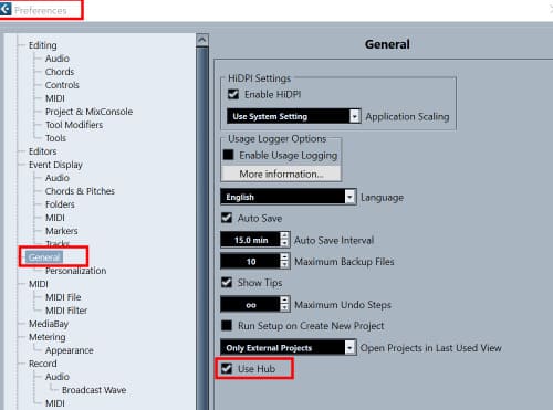 preference - General - Use Hub 체크 해제