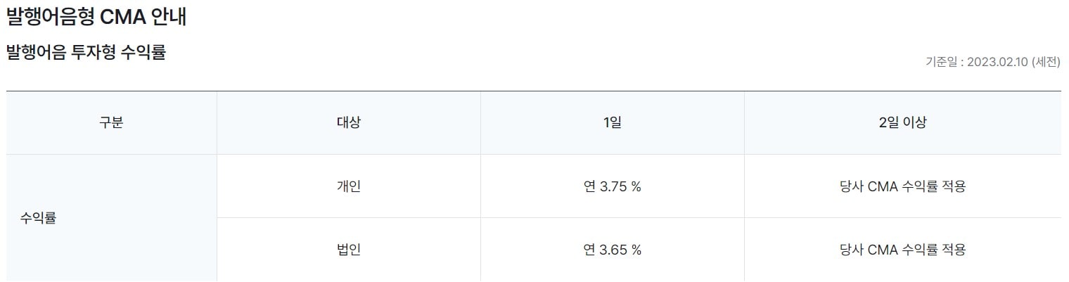한국투자증권 발행어음형CMA 금리